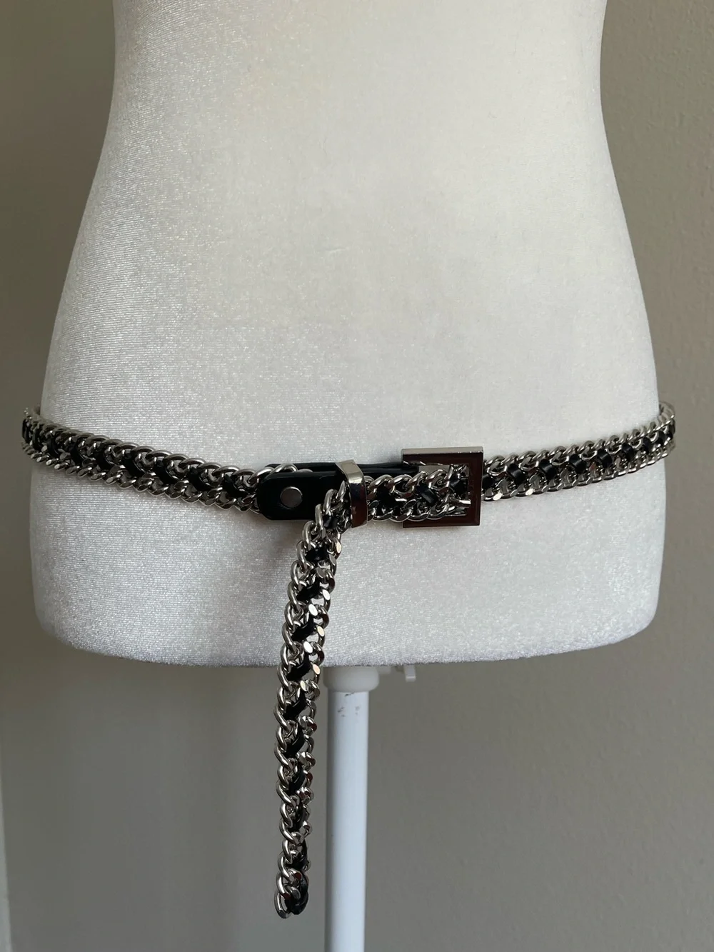 Womens Silver Chain Link Belt with Black Leather Accent